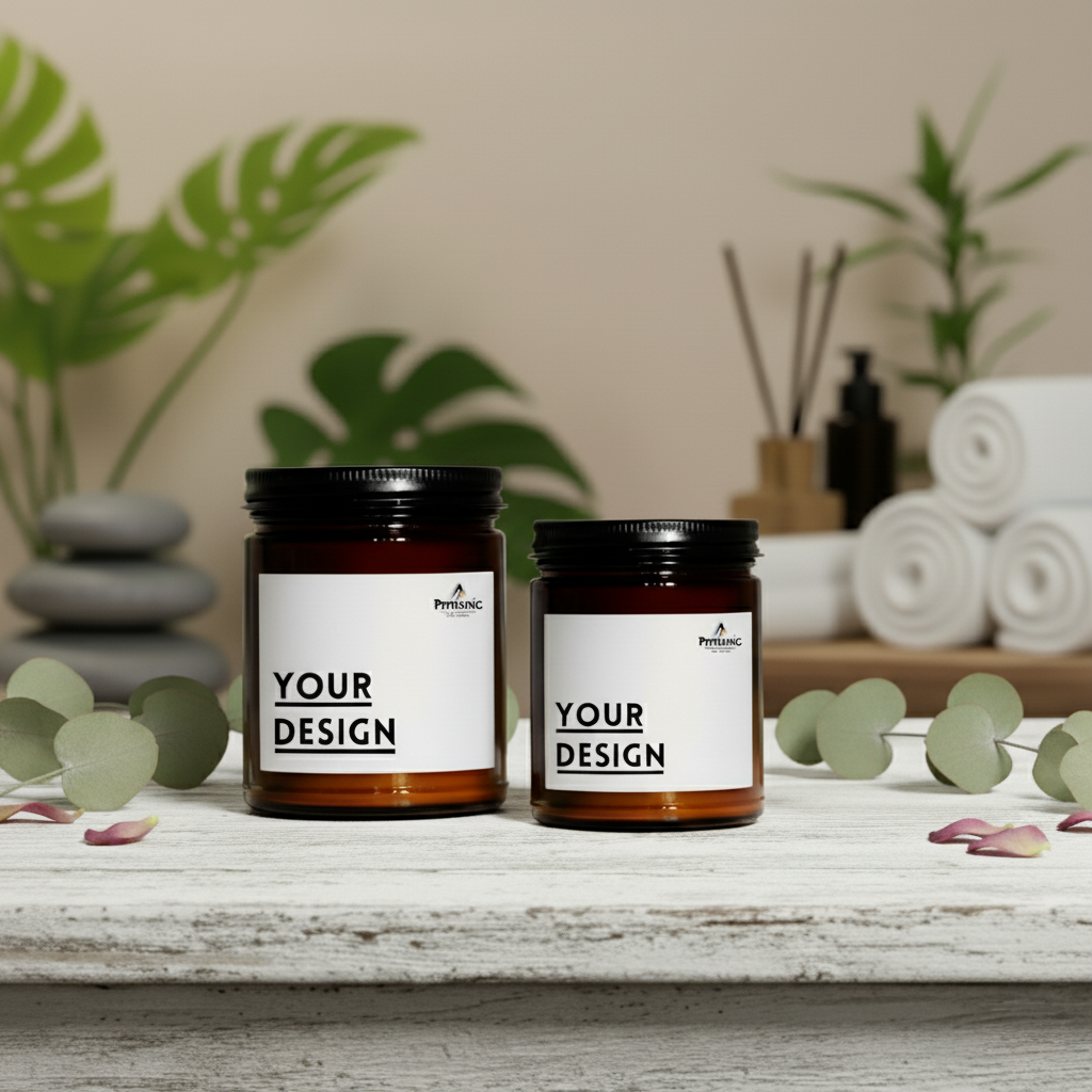 Scented soy candle with custom label, amber jar